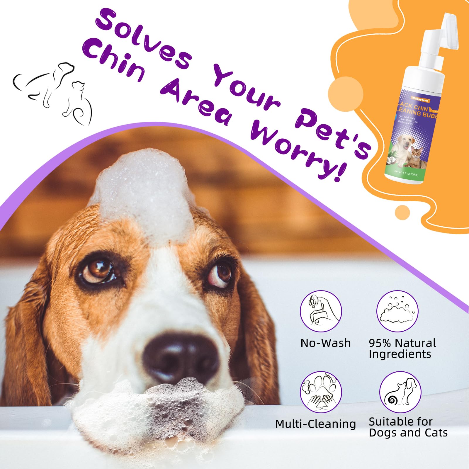 منظف حب الشباب والذقن من كات بلاك 5 اونصة (150 مل)، موس للعناية بالحيوانات الاليفة بدون شطف مع راس فرشاة ناعمة، يزيل الرؤوس السوداء ويزيل الشحوم من الذيل، ويعالج شعر الحيوانات الاليفة