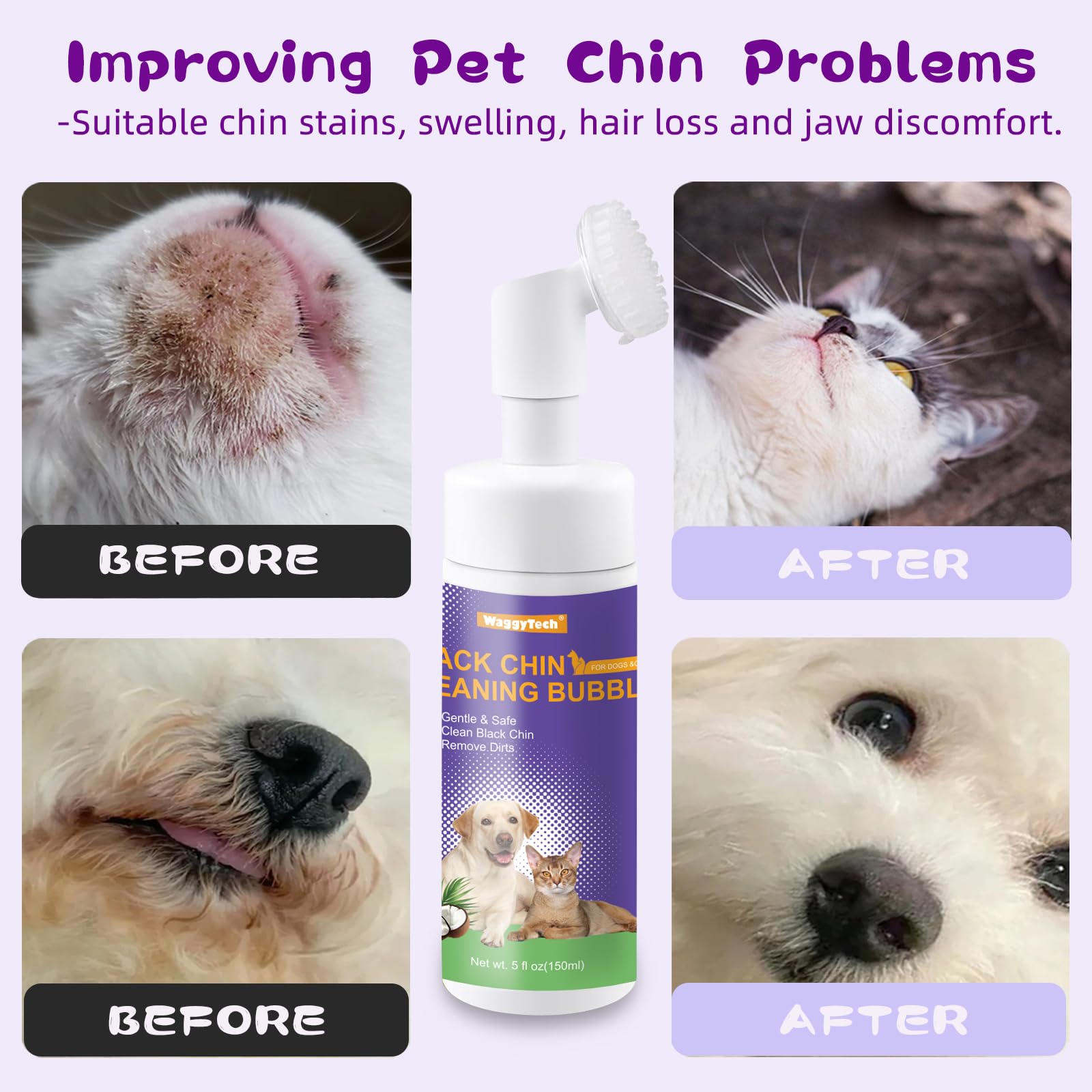 منظف حب الشباب والذقن من كات بلاك 5 اونصة (150 مل)، موس للعناية بالحيوانات الاليفة بدون شطف مع راس فرشاة ناعمة، يزيل الرؤوس السوداء ويزيل الشحوم من الذيل، ويعالج شعر الحيوانات الاليفة
