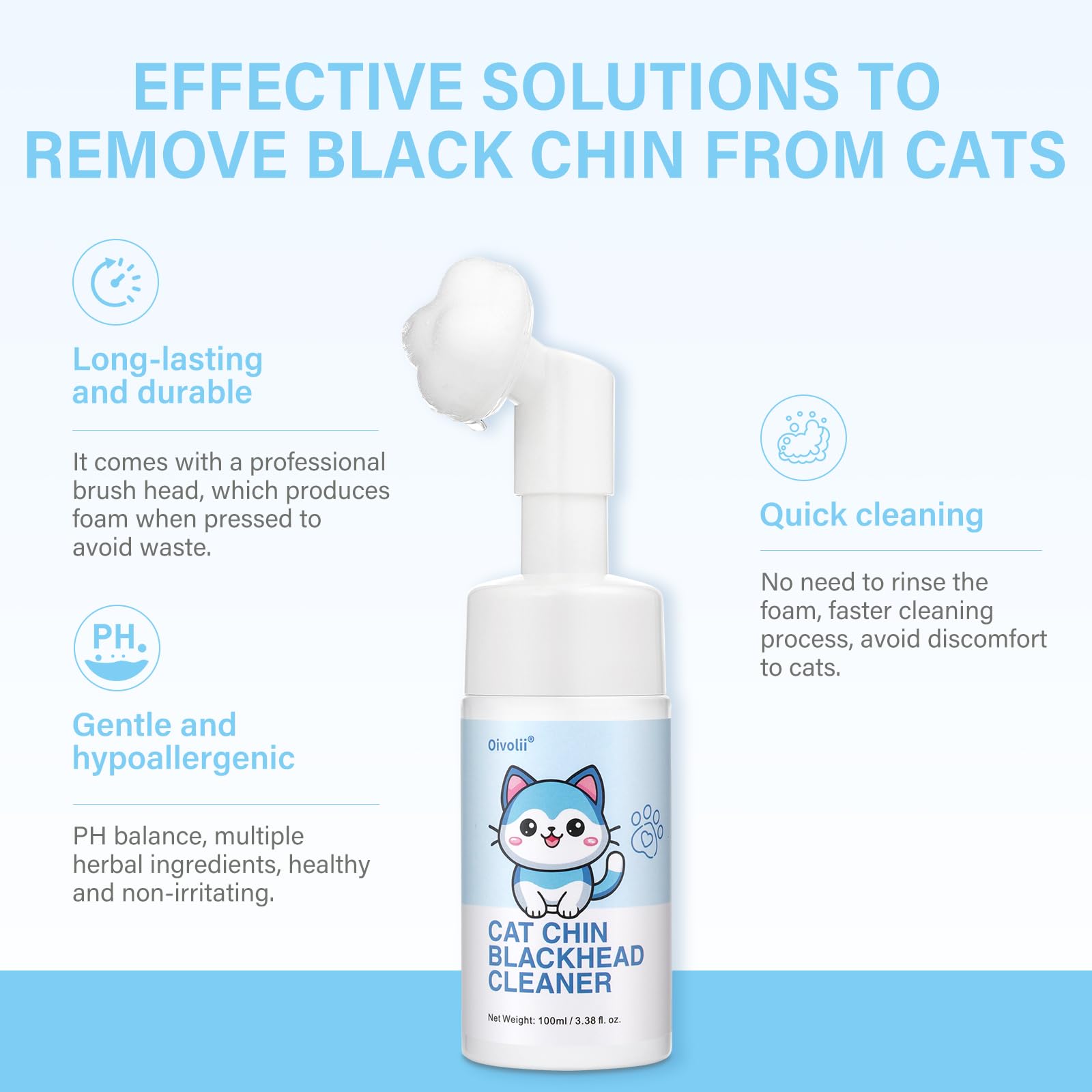 منظف ذقن القطط من اويفولي، فعال لتخفيف حب الشباب للقطط - للعناية بحب الشباب والذقن للقطط - رغوة تنظيف بدون شطف - مع فرشاة سيليكون ناعمة - 100 مل
