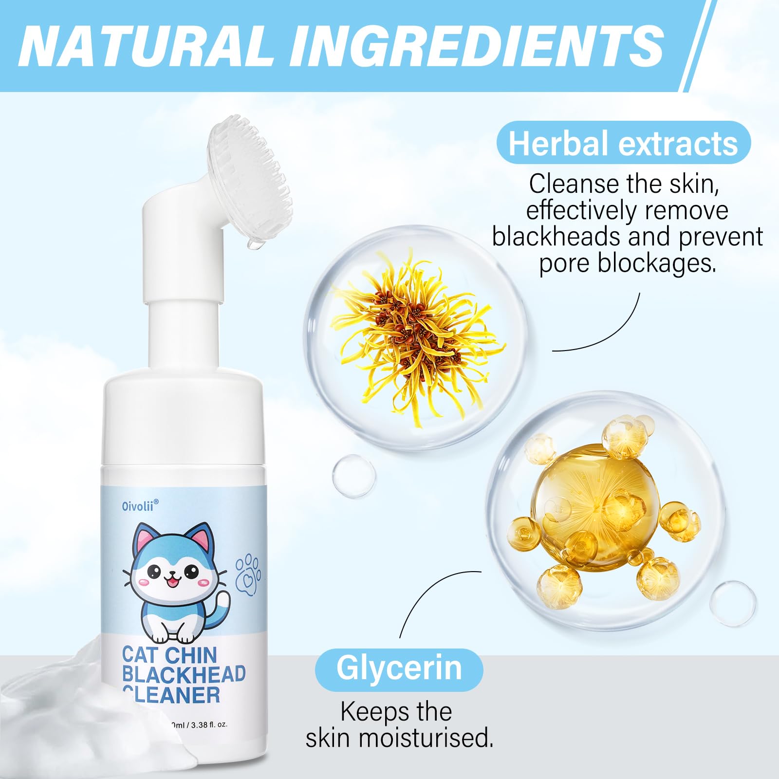 منظف ذقن القطط من اويفولي، فعال لتخفيف حب الشباب للقطط - للعناية بحب الشباب والذقن للقطط - رغوة تنظيف بدون شطف - مع فرشاة سيليكون ناعمة - 100 مل