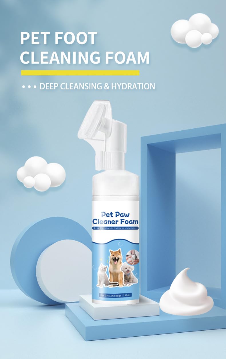 منظف مخالب الكلاب والقطط، 150 مل، منظف رغوي سحري خالي من الشطف، شامبو جاف وفرشاة قدم مع مستخلص جوز الهند، غسيل للتحكم في الرائحة، مناسب للجراء