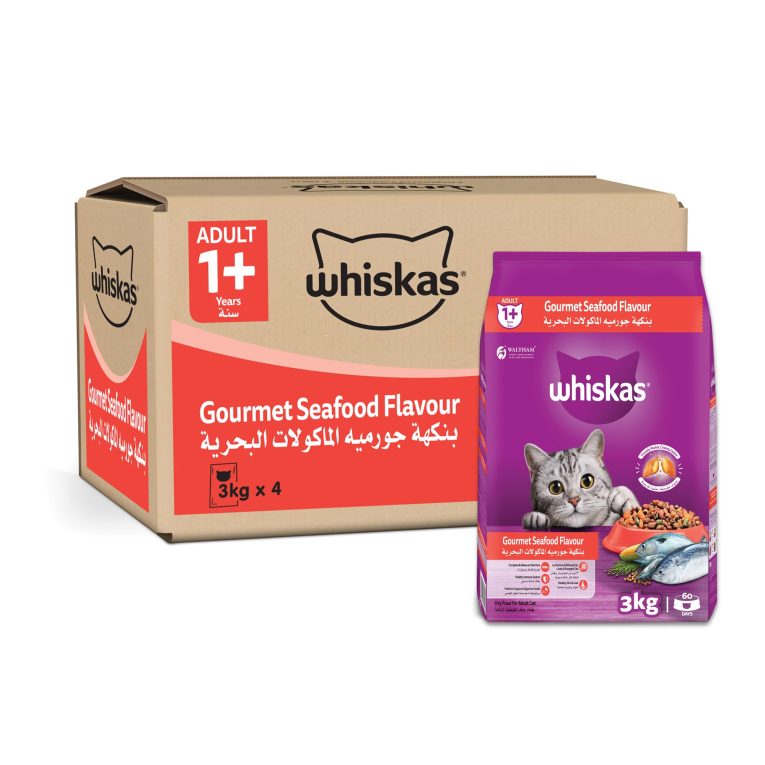 ويسكاس أكل قطط جاف جورميه المأكولات البحرية، عبوة من 3 × 4 كغ، للقطط البالغة 1+ سنة، طعام جاف للقطط، طعم رائع لصحة ونشاط القطط