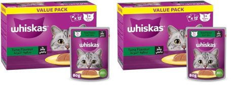 ويسكاس أكل قطط رطب، التونا بالجيلي، كيس 80 غ، طعام قطط رطب للقطط البالغة بعمر سنة فما فوق، تغذية كاملة ومتوازنة