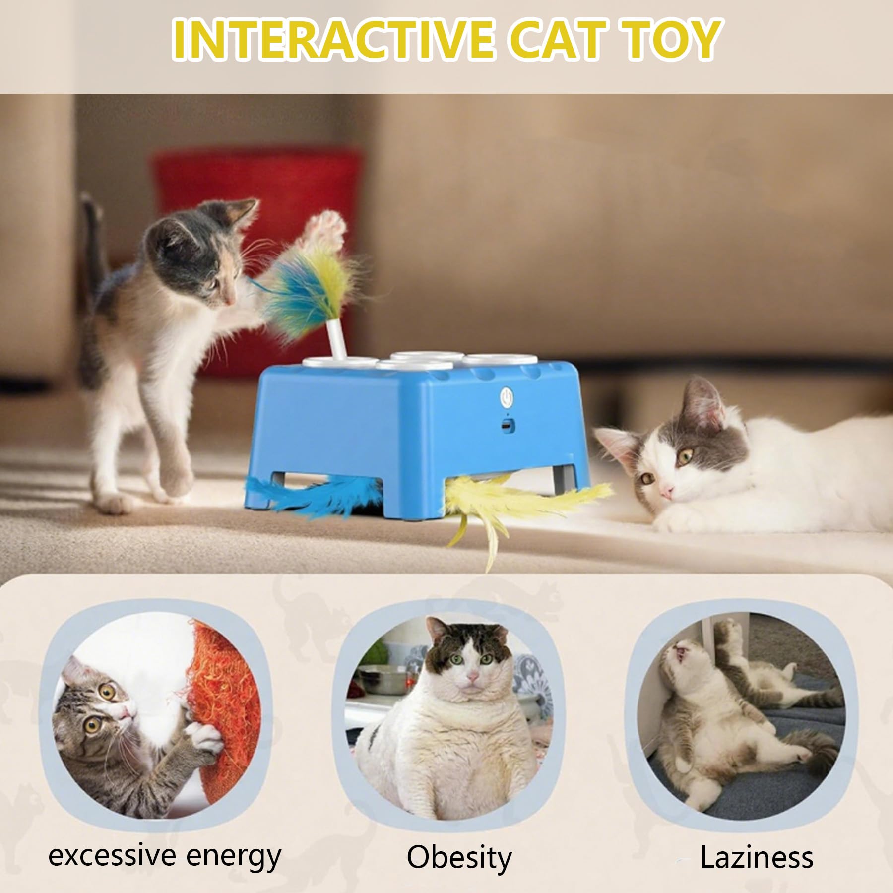 STERIX 2-in-1 Interactive Cat Toy for Indoor Cats Automatic Kitten Toys Moving Concealed Feathers,4 Holes Mice Whack A Mole Cat Kitten Toy,Indoor exercise toy for bored adult cats & kittens