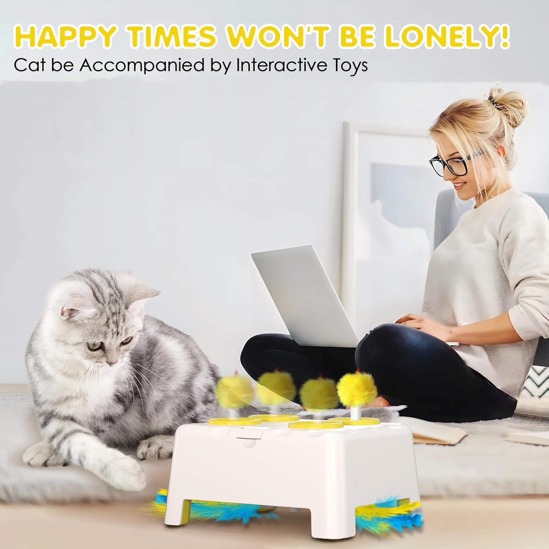 STERIX 2-in-1 Interactive Cat Toy for Indoor Cats Automatic Kitten Toys Moving Concealed Feathers,4 Holes Mice Whack A Mole Cat Kitten Toy,Indoor exercise toy for bored adult cats & kittens