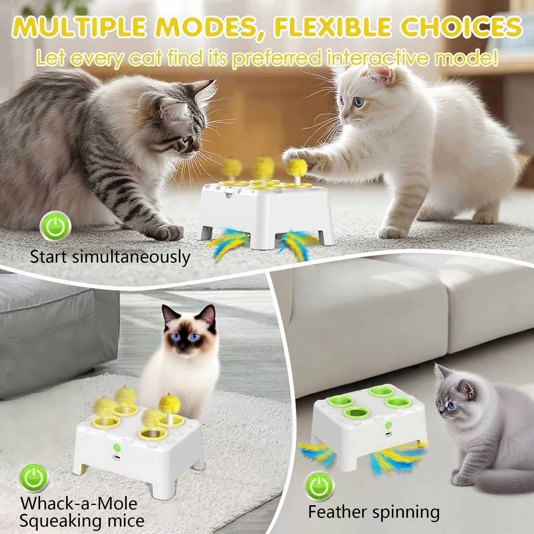STERIX 2-in-1 Interactive Cat Toy for Indoor Cats Automatic Kitten Toys Moving Concealed Feathers,4 Holes Mice Whack A Mole Cat Kitten Toy,Indoor exercise toy for bored adult cats & kittens
