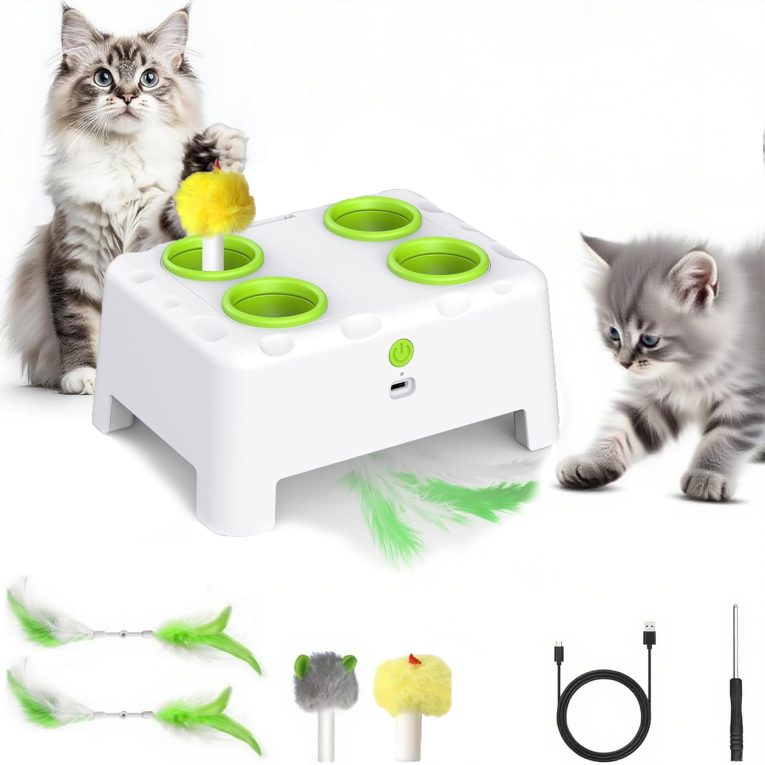 STERIX 2-in-1 Interactive Cat Toy for Indoor Cats Automatic Kitten Toys Moving Concealed Feathers,4 Holes Mice Whack A Mole Cat Kitten Toy,Indoor exercise toy for bored adult cats & kittens
