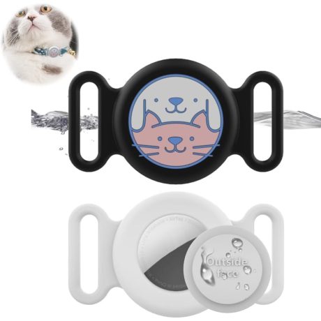 حامل طوق الحيوانات الاليفة لجهاز ايرتاج من جويز، عبوة من 2 حافظة سيليكون مقاومة للماء لجهاز ايرتاج، ملحقات تتبع الحيوانات الاليفة مضادة للضياع باللون الاسود والابيض، غطاء جهاز تتبع GPS مضاد للصدمات