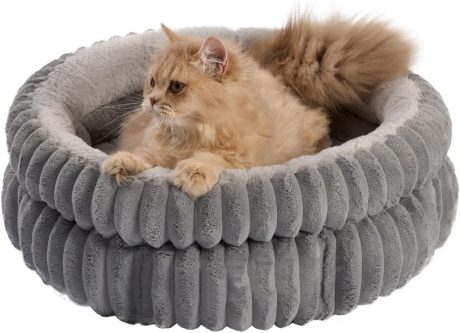 سرير للقطط للاستخدام في الاأماكن المغلقة، سرير قطط دائري ناعم من القطيفة قابل للغسل من اواسيسجالور، مقاس 50 × 50 × 18 سم (بيج) (رمادي)