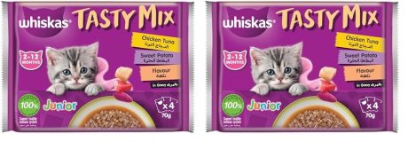 ويسكاس جونيور تيستي ميكس، أكل قطط رطب، الدجاج والتونا والبطاطا الحلوة بالمرق، عبوة من 4 x 70غ، طعام رطب للقطط الصغيرة