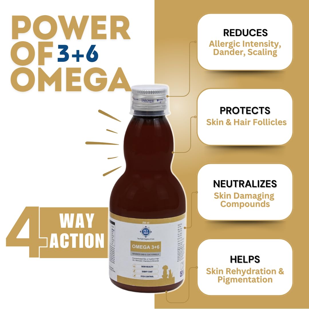 زيت سمك السلمون المركز والمعزز باوميجا 3+6 من بي اي تي 360 مع الفيتامينات والمعادن والتورين، تركيبة متطورة للبشرة والفرو مناسبة للكلاب والقطط، 200 مل