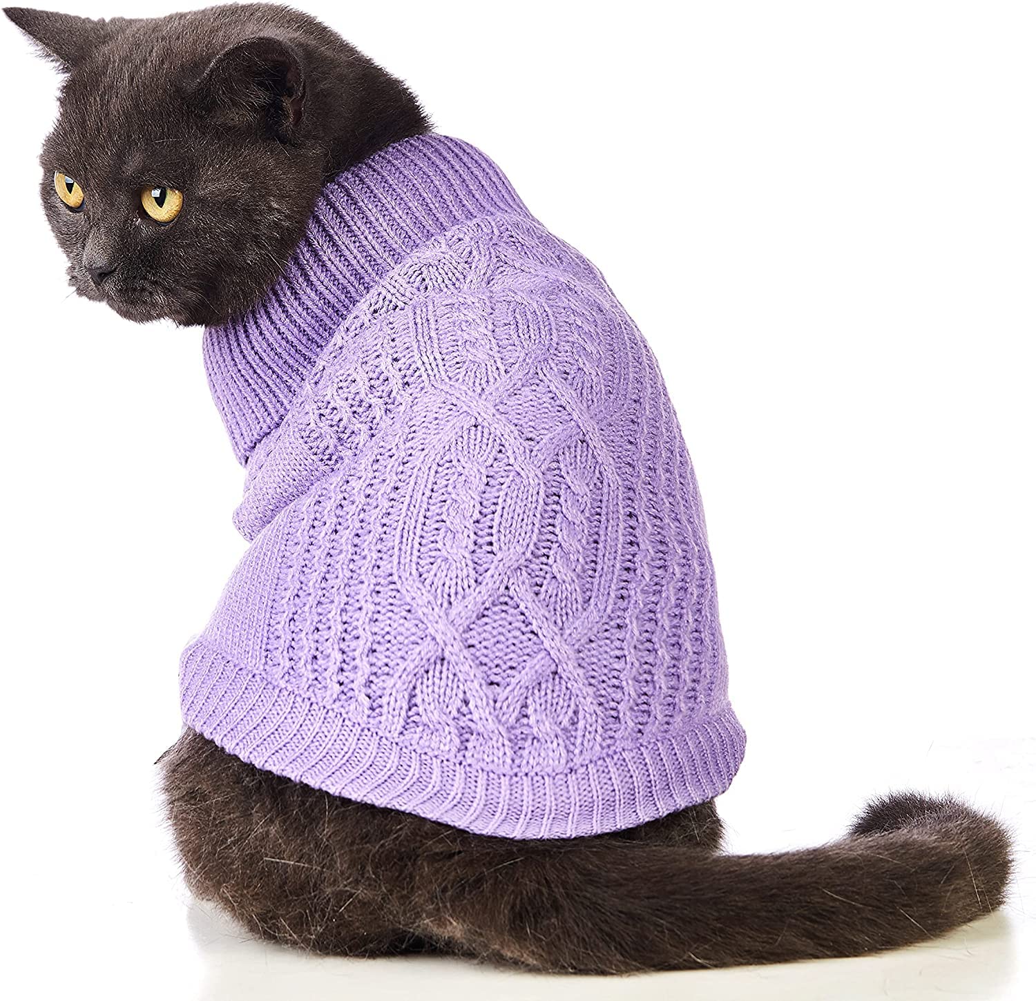 سويتر محبوك للقطط، سويتر محبوك بقبة دائرية بدون أكمام، ملابس شتوية دافئة للقطط أو الكلاب الصغيرة في موسم البرد (أرجواني، مقاس S)