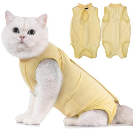 بدلة التعافي من جراحة القطط من افونت، بدلة من قطعة واحدة بديلة بعد الجراحة لتخفيف القلق والتهدئة، بنمط جلد البقرة، مقاس S، أصفر
