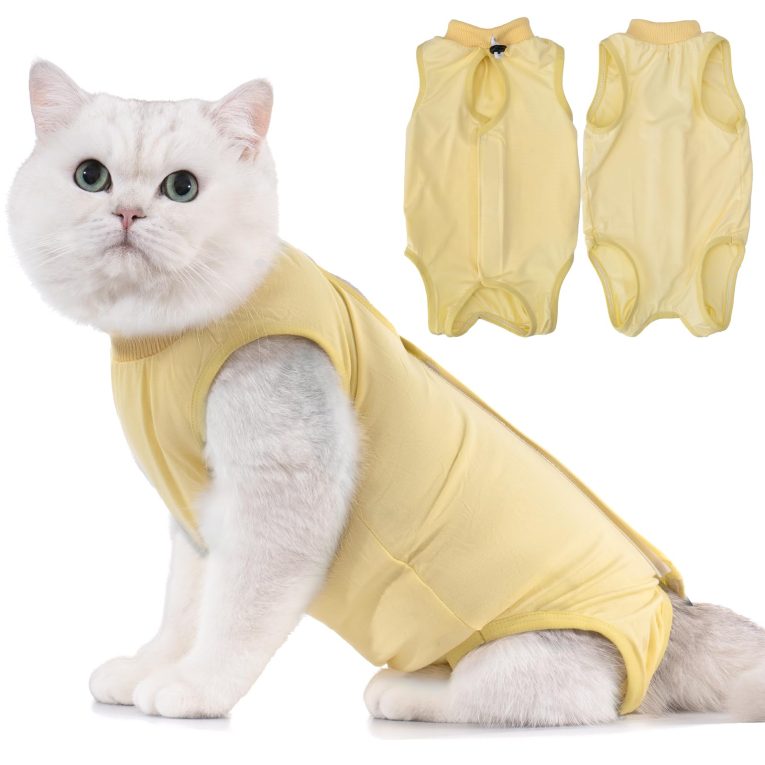 بدلة التعافي من جراحة القطط من افونت، بدلة من قطعة واحدة بديلة بعد الجراحة لتخفيف القلق والتهدئة، بنمط جلد البقرة، مقاس S، أصفر
