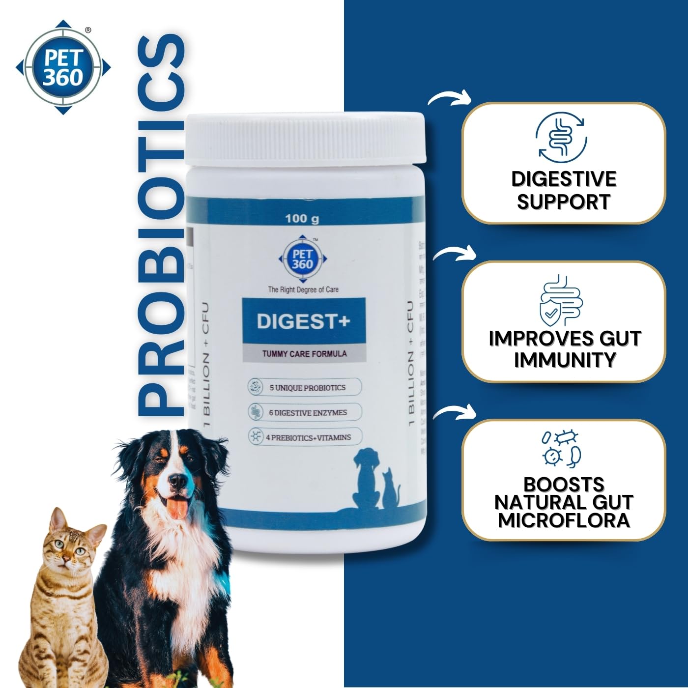 تركيبة دايجست + للعناية بالبطن من PET360 | مكمل صحي للامعاء للكلاب والقطط | البروبيوتيك والبريبايوتك والانزيمات الهضمية والفيتامينات لتحسين الهضم والمناعة | مناسب لجميع السلالات - 100 غرام
