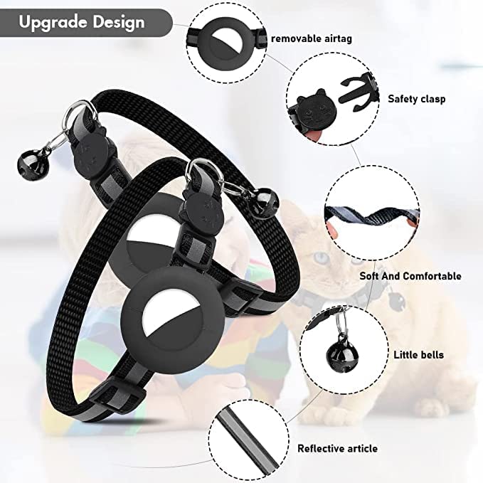 طوق لجهاز ايرتاج للحيوانات الاليفة مضاد للماء مع جرس ومشبك امان بتصميم عاكس وبعرض 3/8 انش، مناسب للكلاب والقطط، قطعة واحدة لون اسود