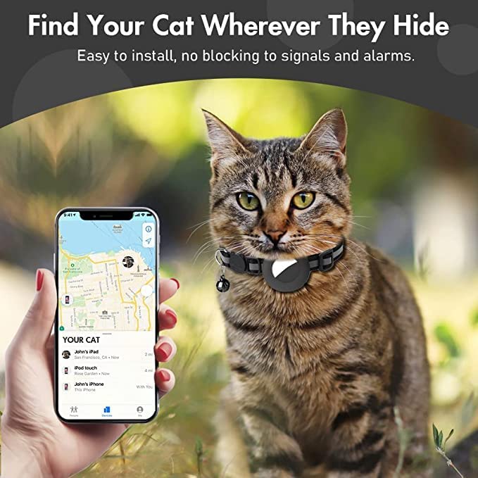 طوق لجهاز ايرتاج للحيوانات الاليفة مضاد للماء مع جرس ومشبك امان بتصميم عاكس وبعرض 3/8 انش، مناسب للكلاب والقطط، قطعة واحدة لون اسود