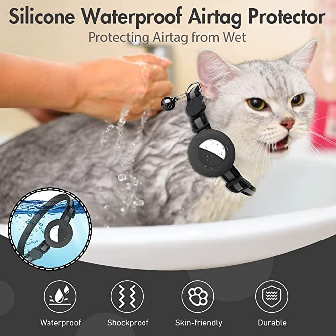 طوق لجهاز ايرتاج للحيوانات الاليفة مضاد للماء مع جرس ومشبك امان بتصميم عاكس وبعرض 3/8 انش، مناسب للكلاب والقطط، قطعة واحدة لون اسود