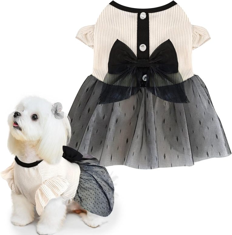 فستان اميرة للكلاب الصغيرة والقطط بتصميم عقدة فيونكة، ملابس صيفية جيدة التهوية مع اكمام مكشكشة، فساتين حيوانات أليفة لطيفة للمناسبات الخاصة مثل حفلات اعياد الميلاد وجلسات التصوير لـ5-6 قطط