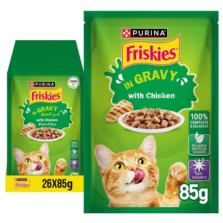 كيس طعام قطط رطب بقطع الدجاج مع مرق من بيورينا فريسكيز، 26×85 جرام، اصفر، بالغ