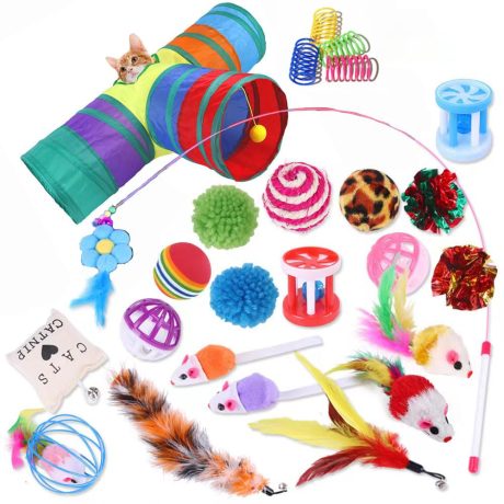 مجموعة لوازم ألعاب القطط الصغيرة مع نفق ثلاثي الفتحات وفأر تفاعلي وعصا قطط وكرات غولف من الريش وكرات منفوشة للعب القطط من كايدرين، رائعة للقطط، 25 قطعة