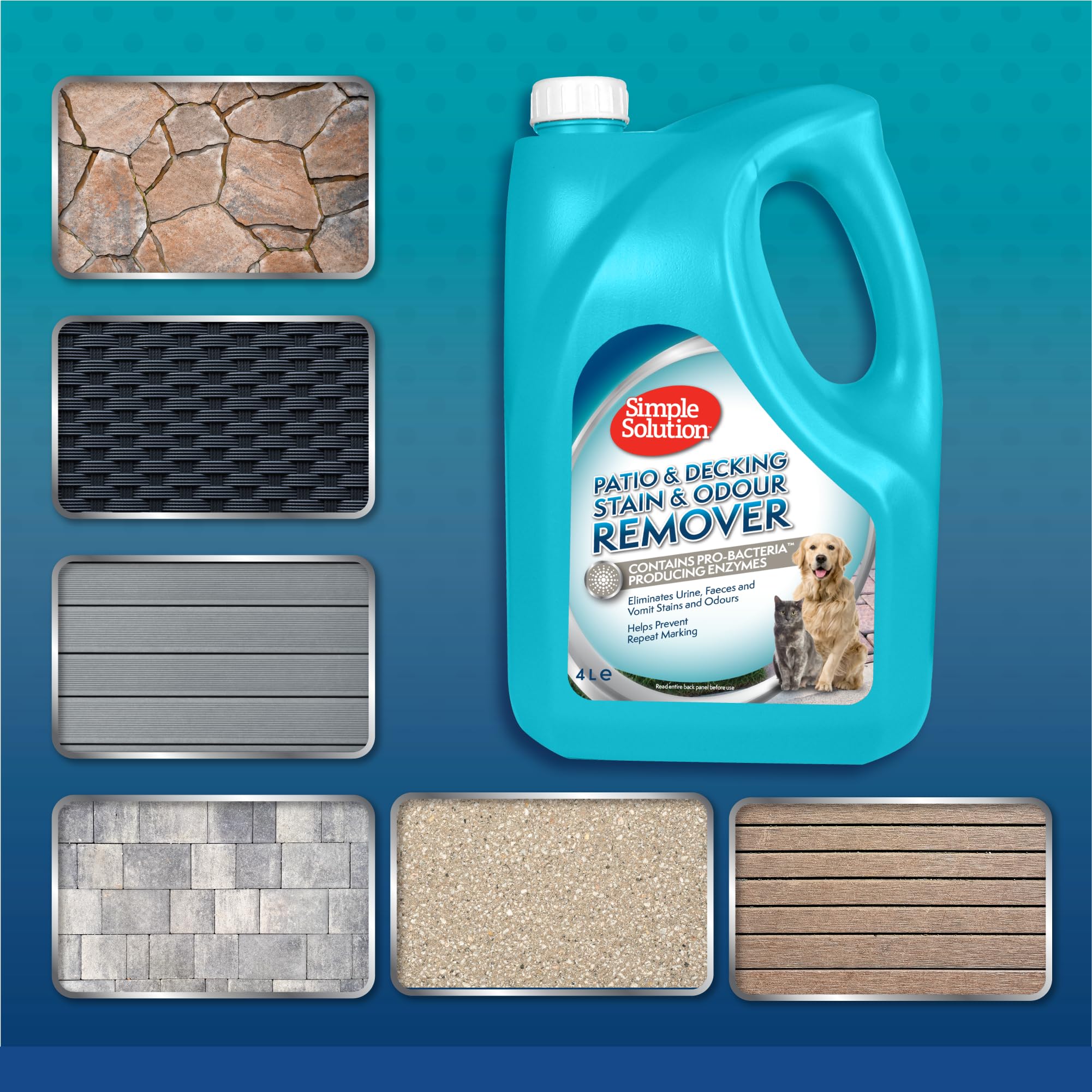 مزيل البقع والروائح الكريهة للفناء الخارجي والأسطح للحيوانات الأليفة، من سيمبل سولوشن، فضي، 4 لتر