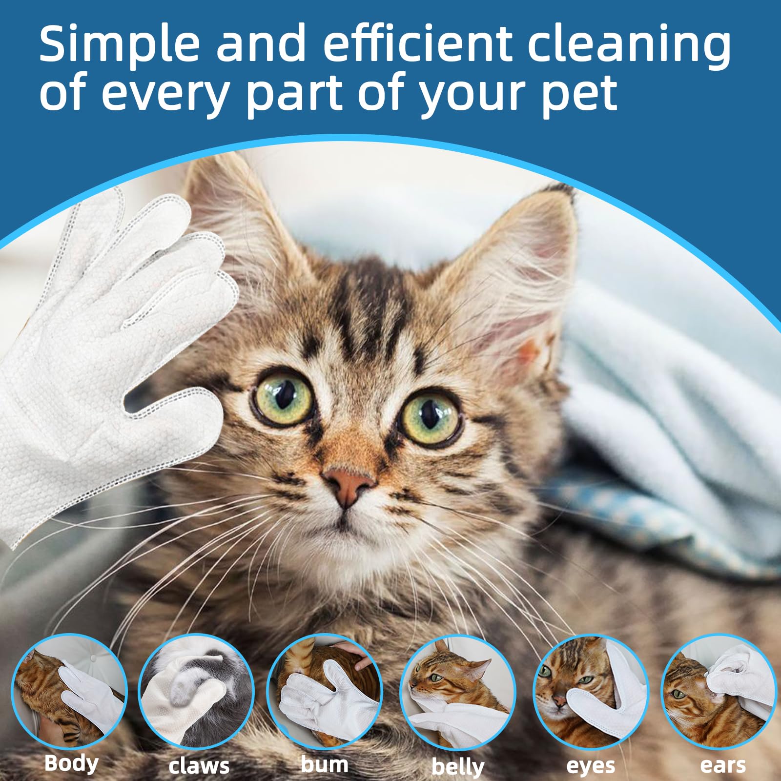 مناديل غسيل الحيوانات الأليفة للكلاب والقطط، قفاز تنظيف وإزالة الروائح الكريهة بدون رائحة، لأذني الجراء والعينين والأرداف والكفوف، مناديل استحمام سميكة لتهدئة وتغذية الفراء للعناية والسفر، 6 قطع