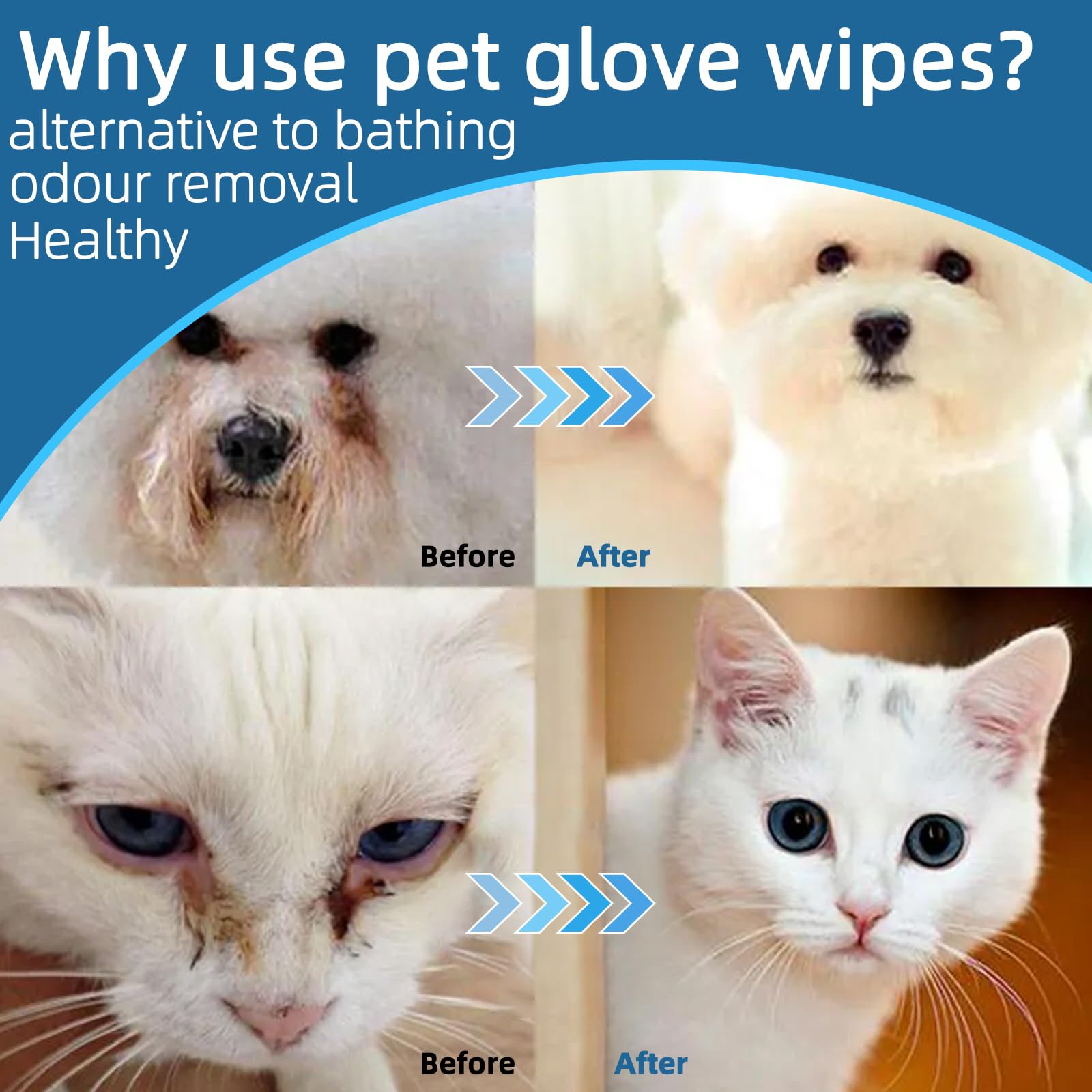 مناديل غسيل الحيوانات الأليفة للكلاب والقطط، قفاز تنظيف وإزالة الروائح الكريهة بدون رائحة، لأذني الجراء والعينين والأرداف والكفوف، مناديل استحمام سميكة لتهدئة وتغذية الفراء للعناية والسفر، 6 قطع