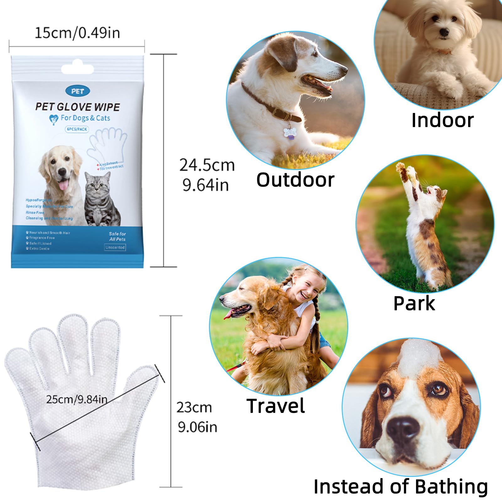 مناديل غسيل الحيوانات الأليفة للكلاب والقطط، قفاز تنظيف وإزالة الروائح الكريهة بدون رائحة، لأذني الجراء والعينين والأرداف والكفوف، مناديل استحمام سميكة لتهدئة وتغذية الفراء للعناية والسفر، 6 قطع