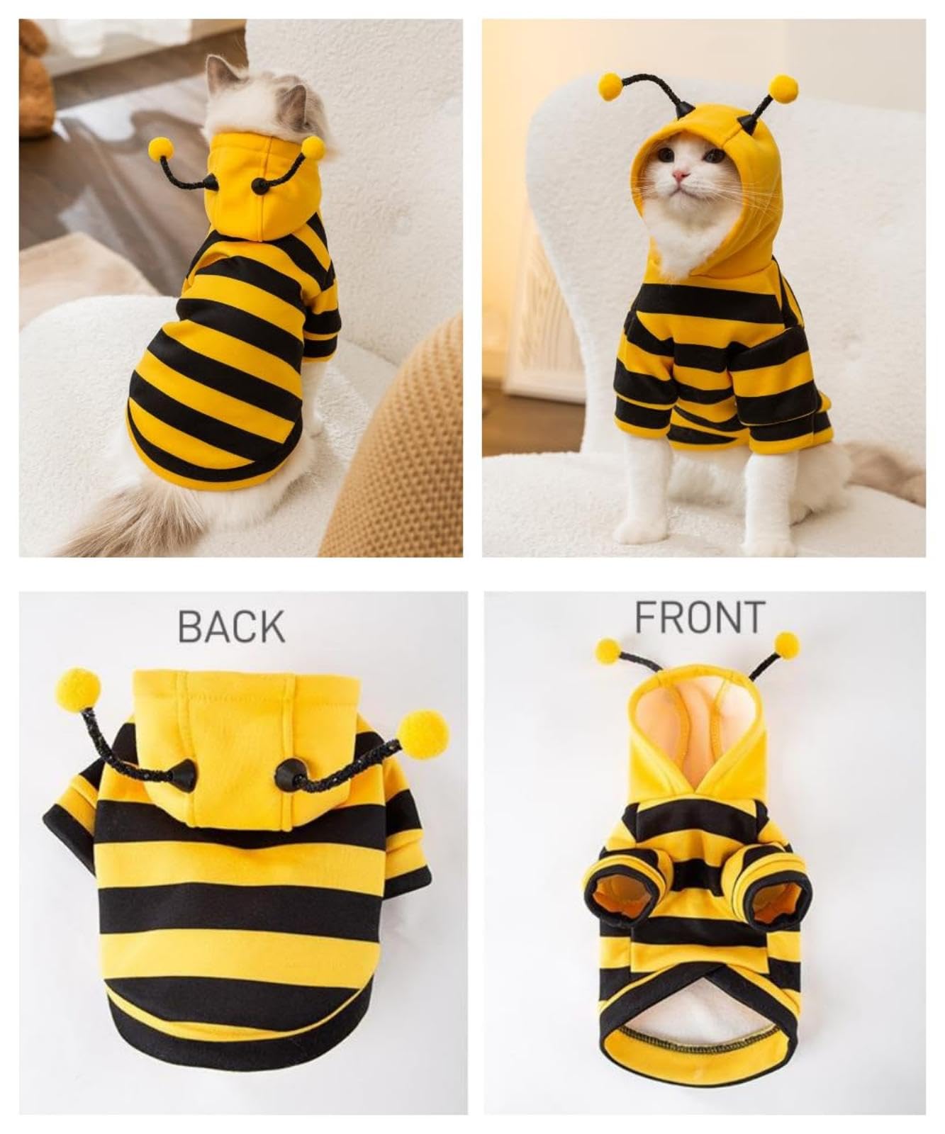 زي تنكري بقلنسوة للقطط والنحل من تزويق، خطوط نحلة لطيفة، ملابس للحيوانات الاليفة والقطط الصغيرة والكلب (مقاس S، اصفر واسود)