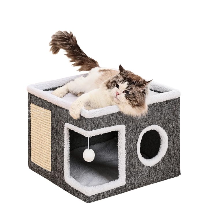 سرير قطط كبير للقطط الداخلية - كهف مريح مع وسادة خدش وكرة منفوشة، منزل قابل للطي للقطط الصغيرة، 39 × 39 × 32 سم، رمادي